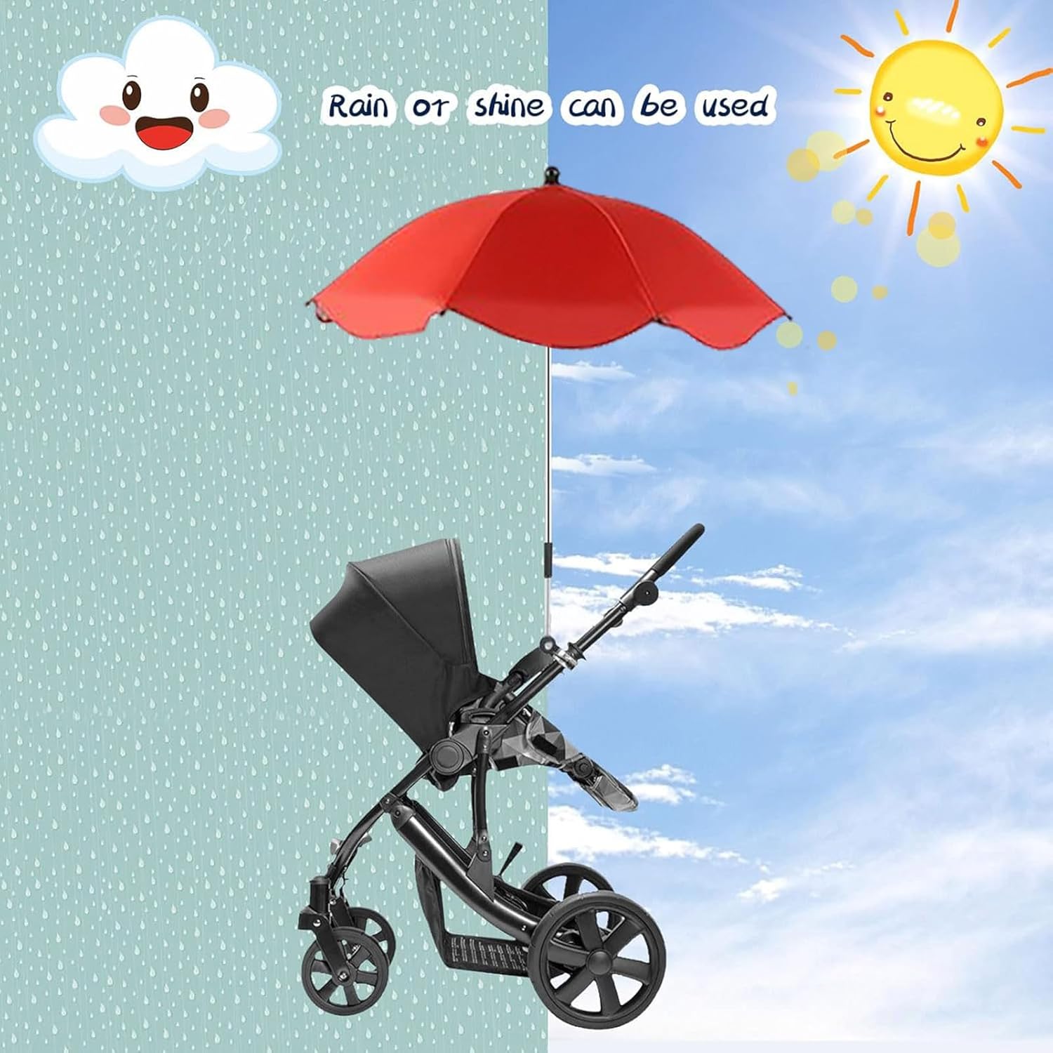 Parasol pour poussette avec protection UV UPF 50+ et clip réglable à 360° pour bébé, parapluie portable pour poussette, vélo, fauteuil roulant, panier de plage (noir)